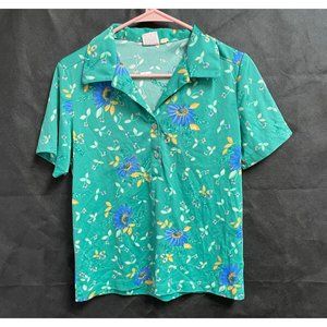 Vtg 80s 90s Womens Green Short Sleeve Floral Shirt Top Blouse - Size S